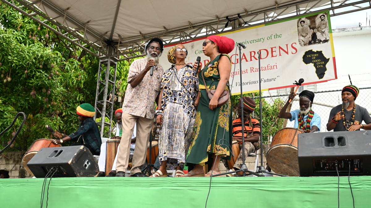 Members of the Rastafari Coral Gardens Benevolent Society perform during the annual Commemorative Anniversary of the Coral Gardens Atrocity Against Rastafari, held in Albion, St James, on Good Friday, April 3, 2026. (Contributed photo)
