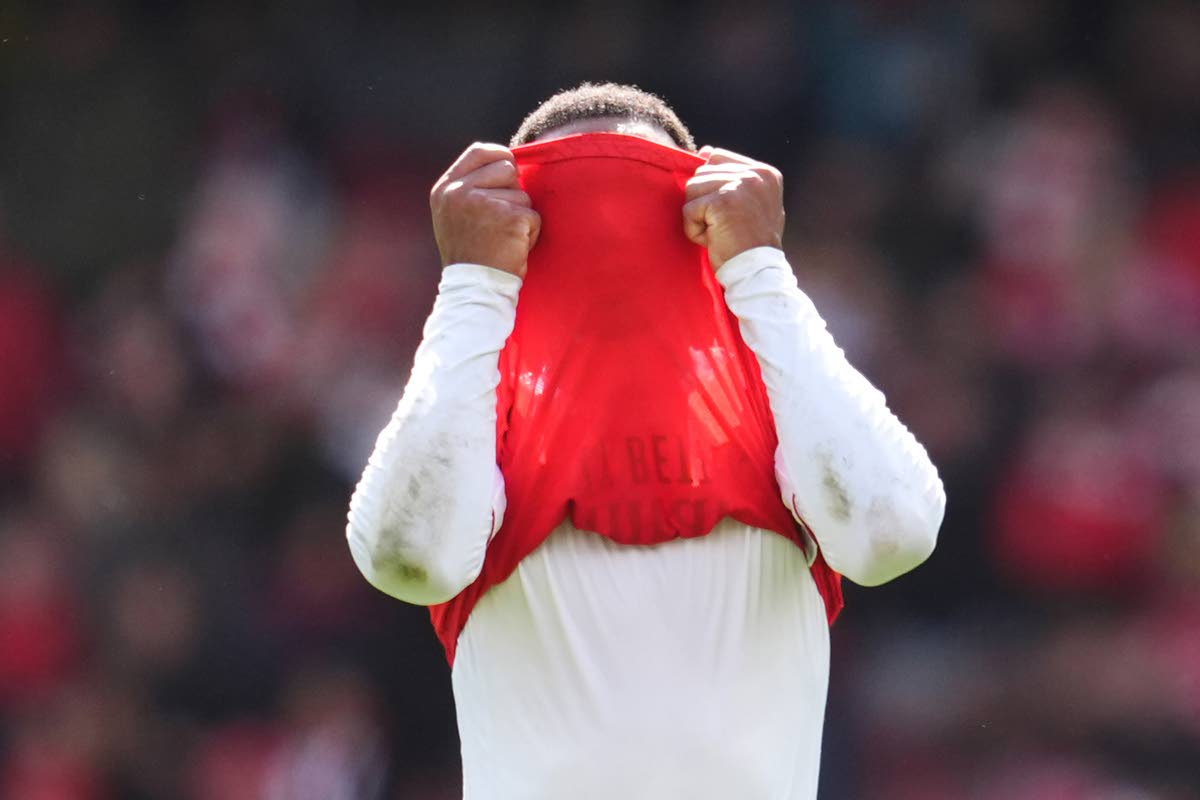 Arsenal's Gabriel reacts following defeat in Premier League football match between Arsenal and Bournemouth in London, England on April 11, 2026. (Adam Davy/PA via AP)