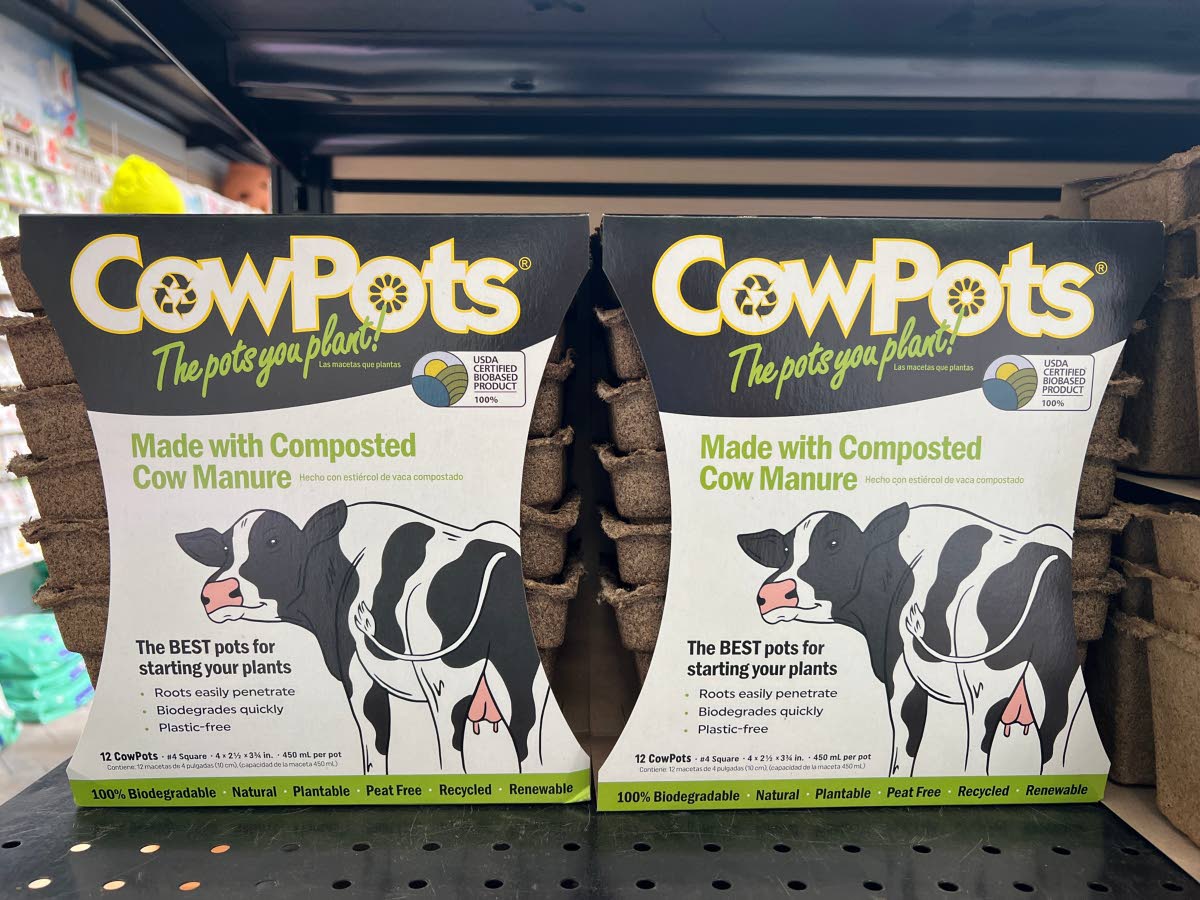 Packages of plastic-free, manure-based CowPots planting pots.