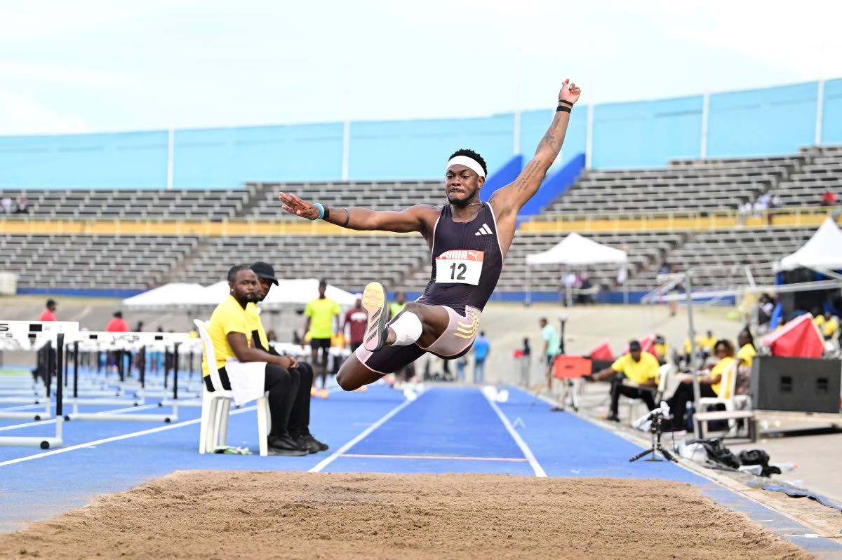 
Carey McLeod competing in the men’s long jump final at the JAAA/PUMA National Junior and Senior National Championships inside the National Stadium in 2024.