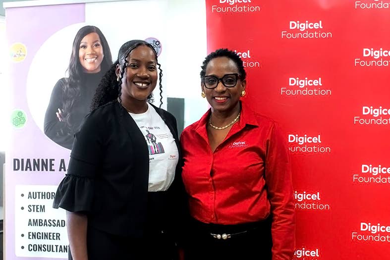 Joy Clark (right), chair of the Digicel Foundation board, shares a moment with Dianne Plummer, engineer and director of STEMSpark Solutions, following the Girls in ICT Day AI and Climate Change Hackathon on Thursday.