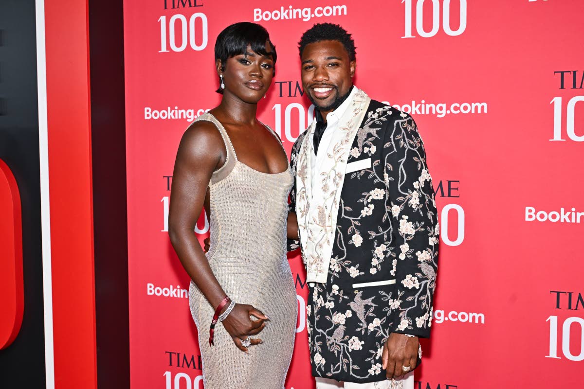 Newly-weds Junelle Lyles and Noah Lyles make a stylish red carpet appearance — Junelle in Meshki with jewellery by Avianne & Co, and Noah, a 2026 TIME100 honouree, in AMIRI.