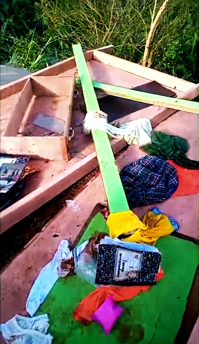 Remains of the plywood house of Franceita Renford, destroyed by Hurricane Melissa in October 2025.