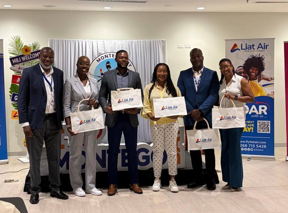 Industry officials celebrate the launch of the Liat Air service from Guadeloupe to Montego Bay.  From left are Obiukwu Mbanuzuo, chief operating officer - Liat Air; Nadine Spence, fourth vice president - Jamaica Hotel and Tourist Association (JHTA); Mayor