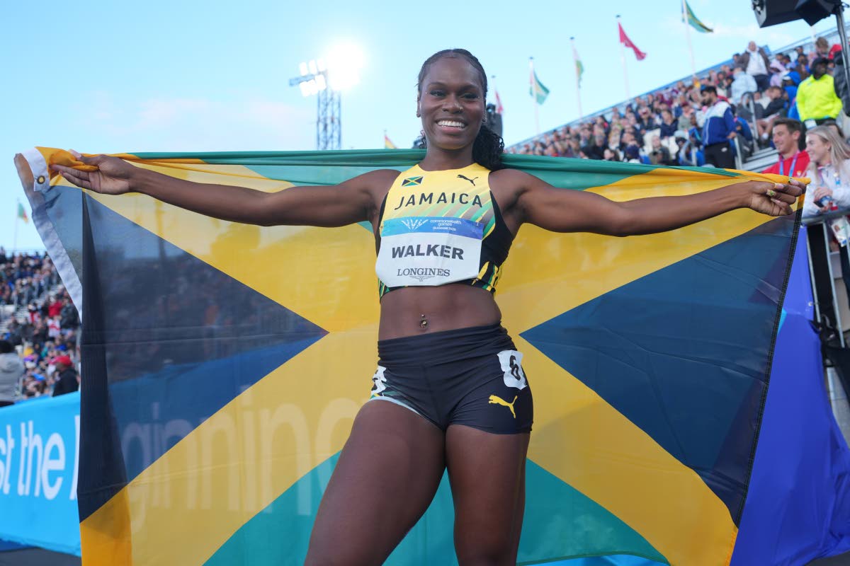 FILE 
Jamaica’s Sanique Walker celebrates after winning the women’s 400m hurdles final at the Commonwealth Games in Glasgow, Scotland.