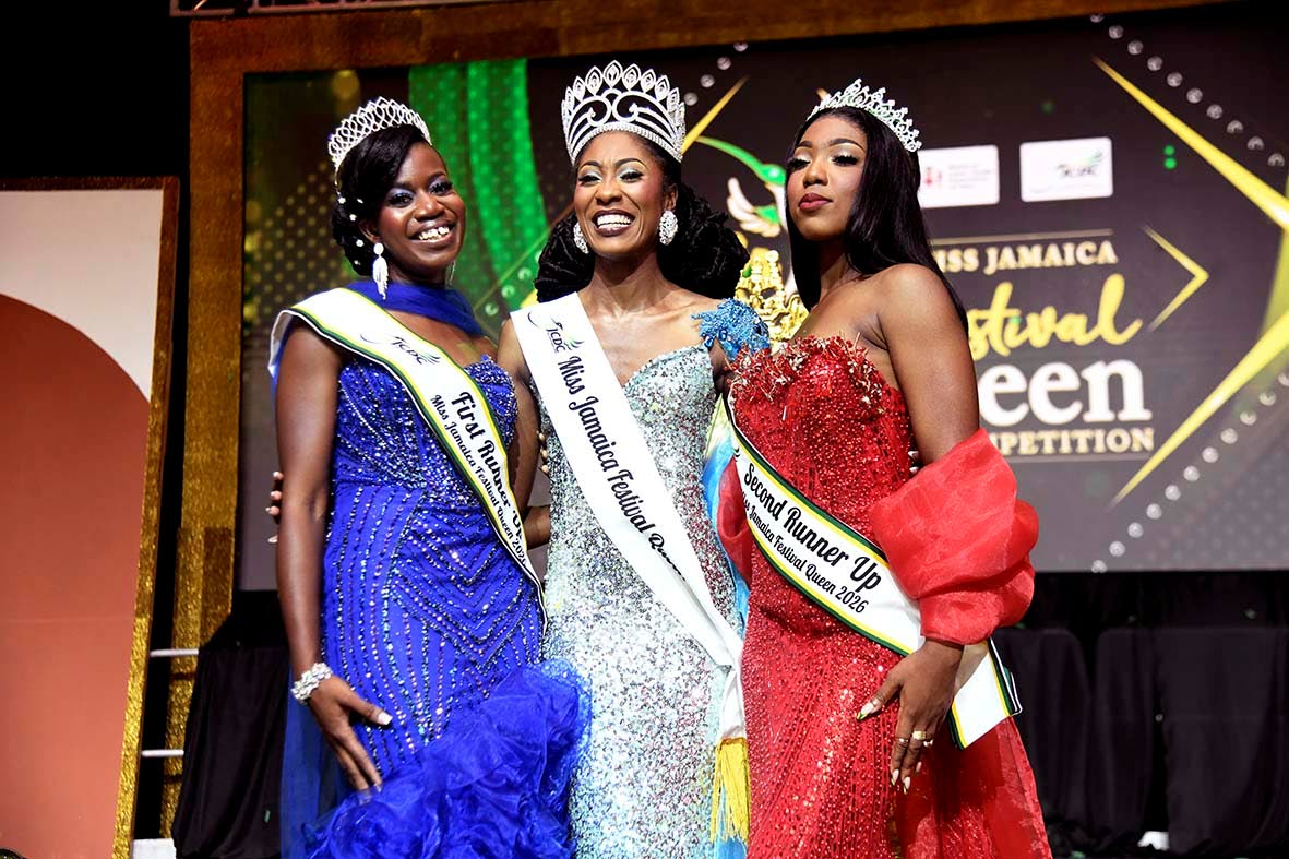Miss Jamaica Festival Queen 2026, Christine Williams, is flanked by, first runner-up, Dr. Melissa Flinch (left), Miss Manchester and second runner-up, Danielle Cox, Miss Kingston and St. Andrew.