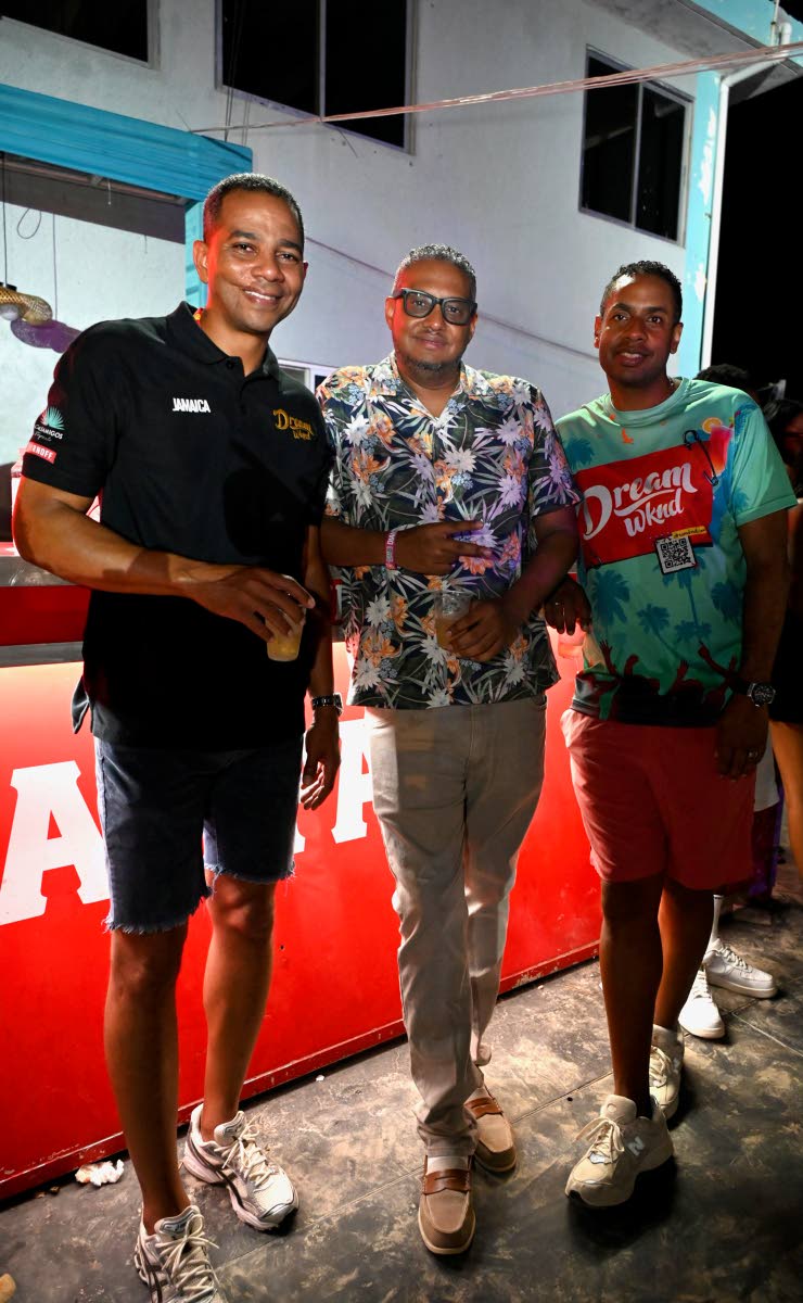 From left: Gregory Wright, director of Dream Entertainment; Roderick ‘Ricky’ Francis, chief executive officer of B&D Trawling Ltd.; and Kamal Bankay, group chairman of Dream Entertainment, at Dream Weekend’s opening party, Bad Beaches.