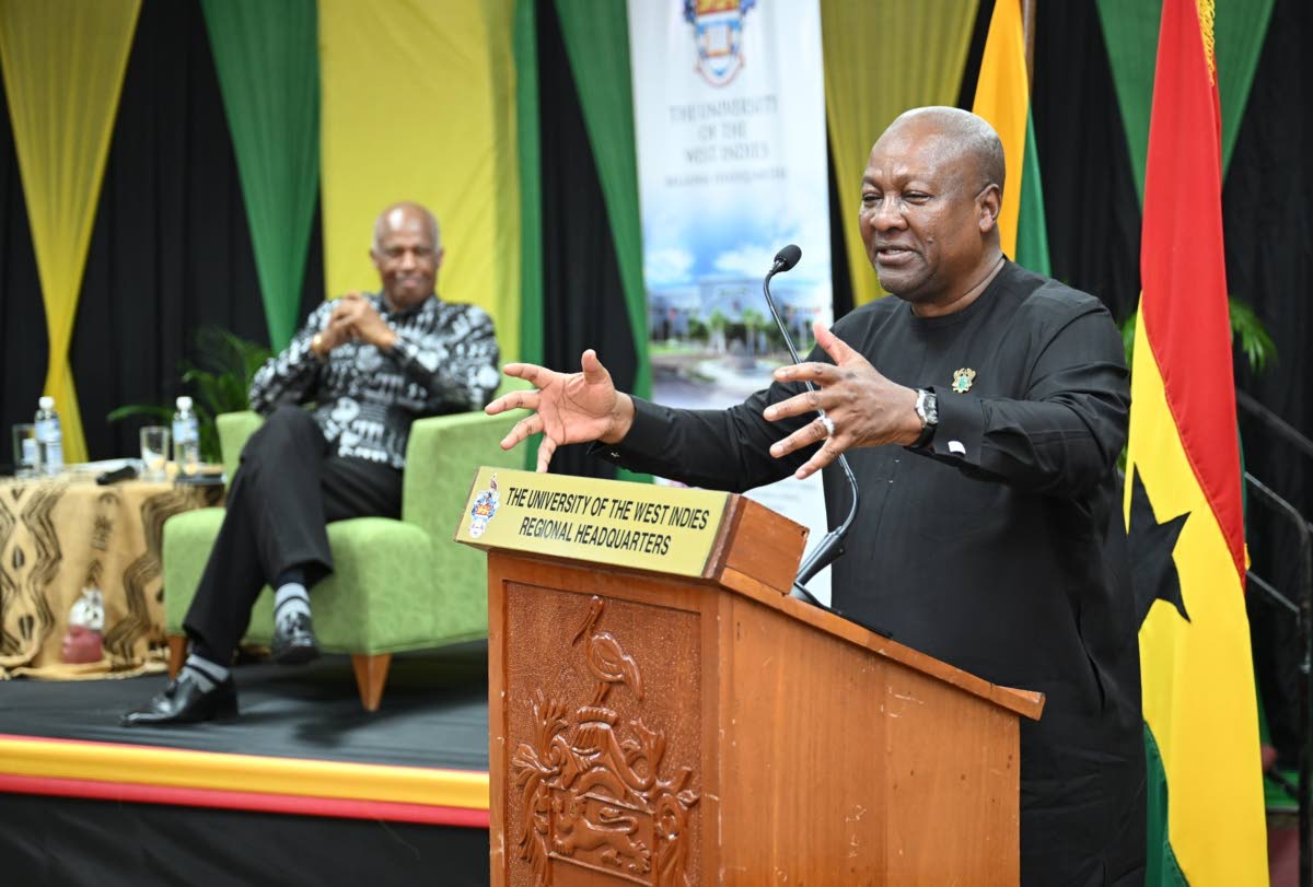 President of the Republic of Ghana, His Excellency John Dramani Mahama, addresses a reparatory justice dialogue at the University of the West Indies (UWI) Regional Headquarters on Monday (August 3). Pictured at left is chairman of the Caribbean Community (