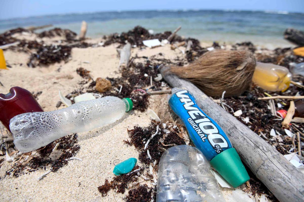 Plastic bottles and other waste from other countries washed ashore in Holland Bay, St Thomas.