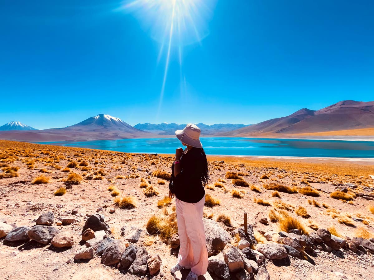 The globetrotter stands in awe of this breathtaking view of Los Flamencos National Reserve in the Atacama Desert in Chile.
