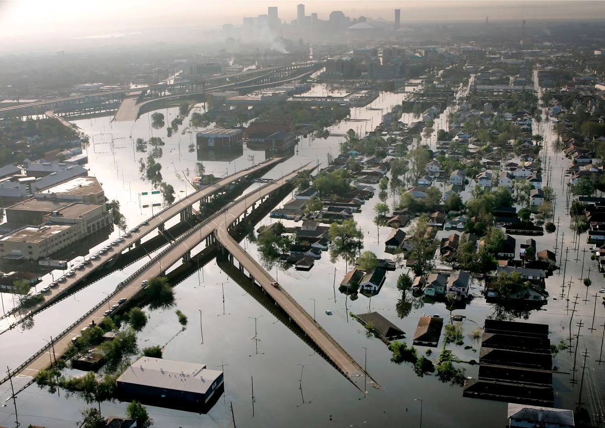 Floodwaters from Hurricane Katrina fill the streets near downtown New Orleans on August 30, 2005.