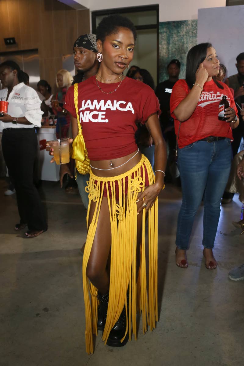 Machete fashion designer Angel-Lee Morgan wears her brand’s Runaway braided-fringe skirt with a burgundy Jamaica Nice T-shirt.