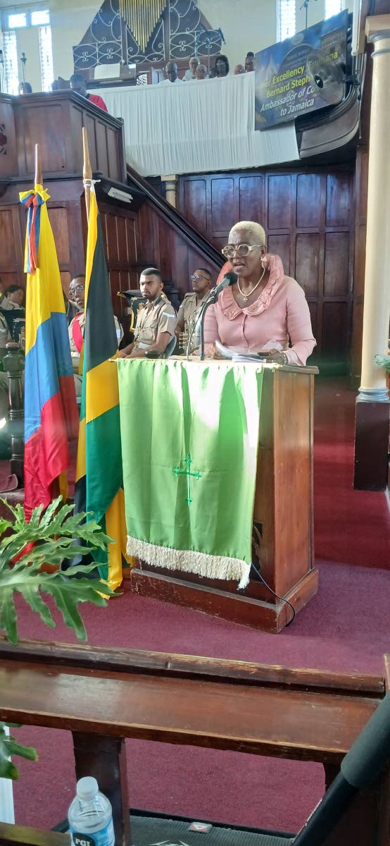 Colombian Ambassador to Jamaica Emiliana Bernard Stephenson addressing the gathering at the service to honour Rev’d Philip Beekman Livingston Jr at the East Queen Street Baptist Church, downtown Kingston on Sunday, August 16.