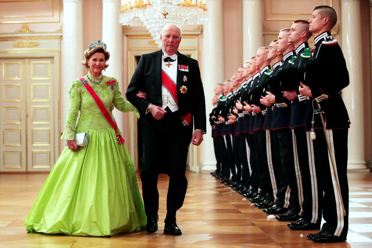
Norway’s King Harald and Queen Sonja arrive at a gala dinner to celebrate their 80th birthdays at the Royal Palace in Oslo, Norway, on May 9, 2017. King Harold died on Friday.
