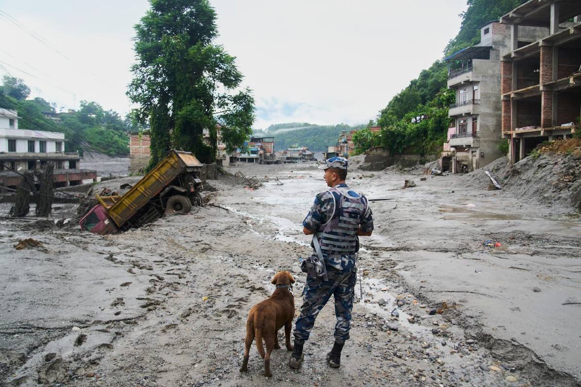 A policeman with a sniffer dog looks at the damage in the aftermath of flash floods in Devighat in the Nuwakot district in Nepal last Thursday.