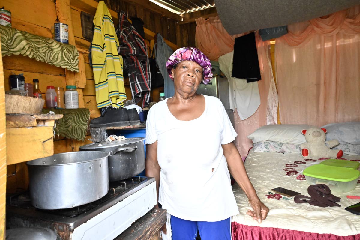 Thelma Lynn Robinson stands inside the shop-turned-living space, which is only big enough to accommodate a bed, a stove and a barrel for their clothes.