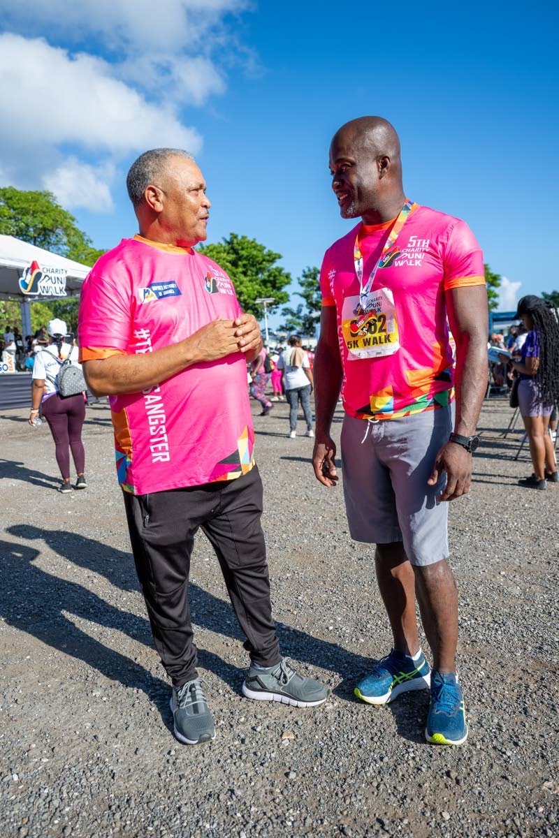 Shane Munroe (right), CEO of MBJ, catches up with Audley Deidrick, president and CEO of the Airports Authority of Jamaica, after the 2025 MBJ Airports Foundation Charity Run/Walk event.