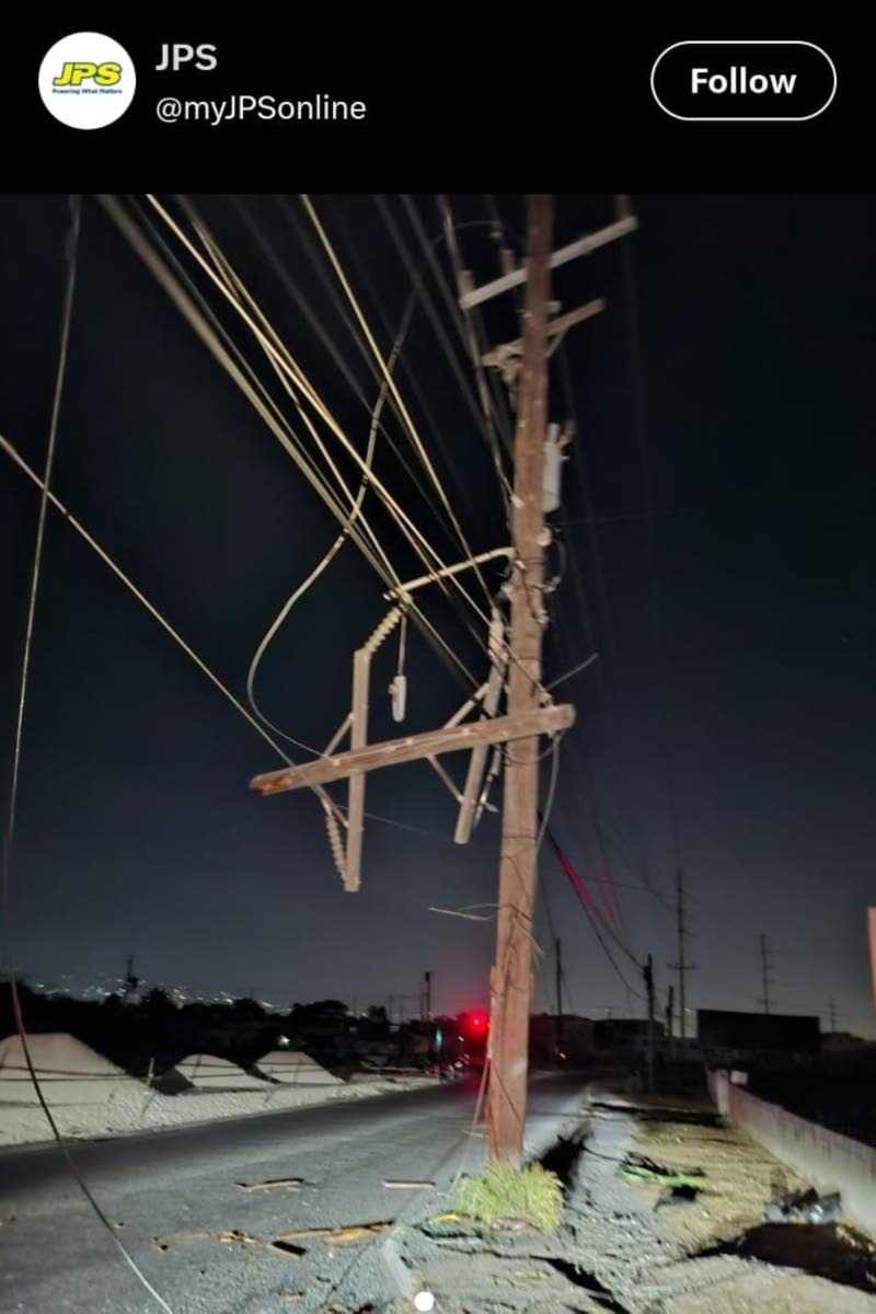 Images posted on JPS’s social media pages show what appears to be a JUTC bus that had collided into a light pole in Naggo Head in Portmore, St Catherine, resulting in electrical wires being pulled to the ground. Sections of Portmore in St Catherine are n