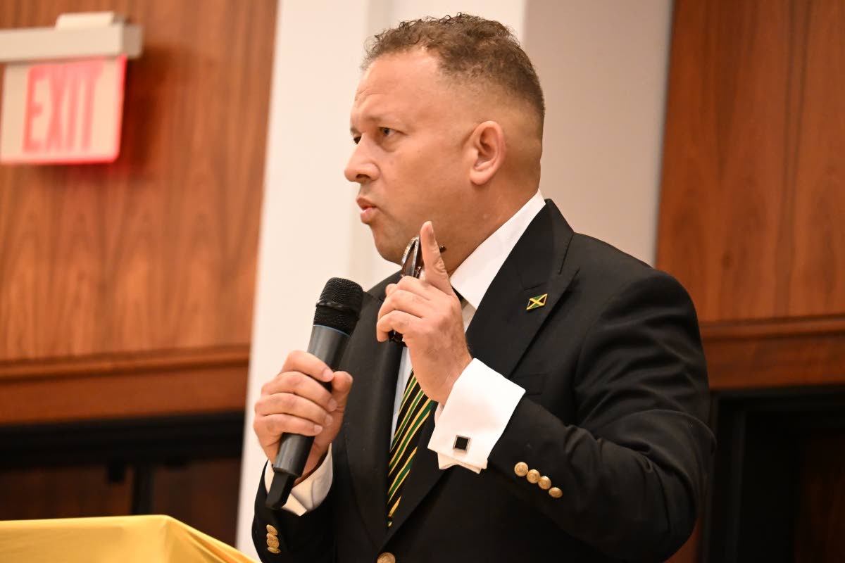 Consul General in New York Oliver Mair brings greetings at the recent Jamaica Organization of New Jersey Independence and Awards Gala.