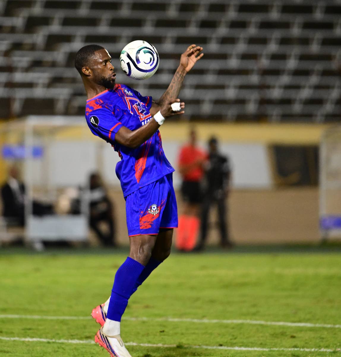 Portmore United’s Ronaldo Robinson controls a ball on his chest during a Concacaf Caribbean Cup football game against Cavalier at the National Stadium on Thursday, September 3.