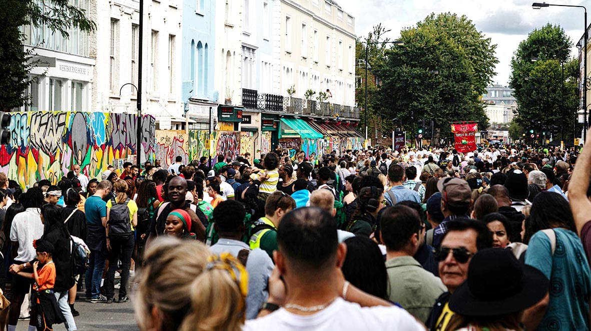 Locals and tourists of all ages and ethnicities come together for the Notting Hill Carnival, the biggest such event in Europe.