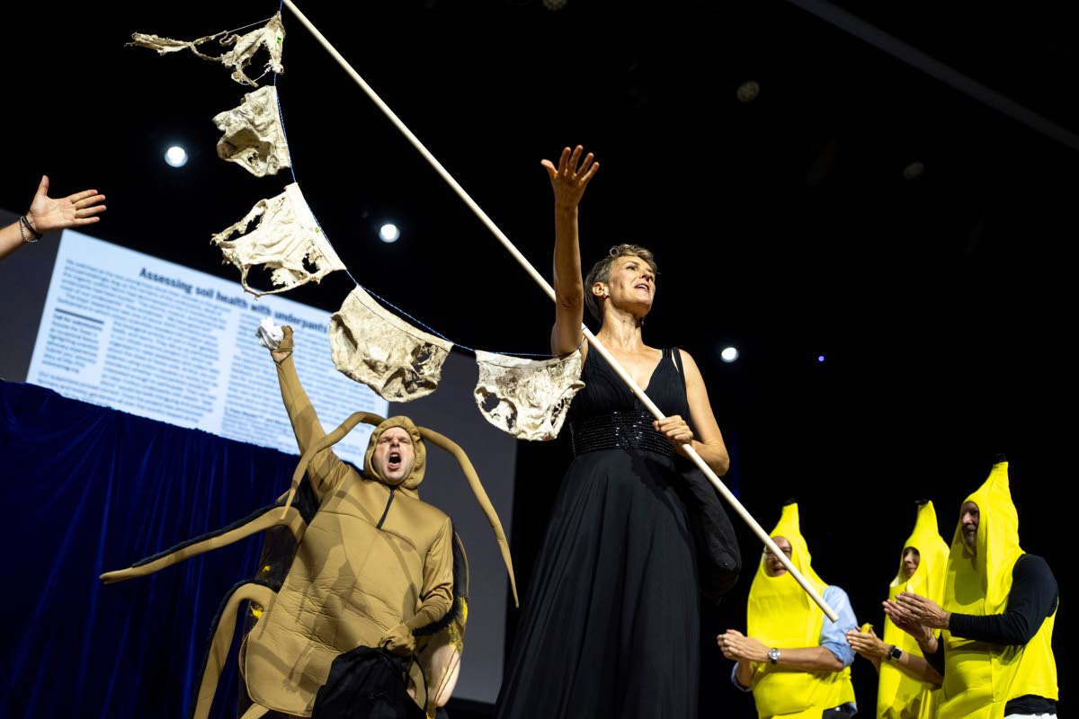 Soil Science Prize Winners Pia Viviani (right) and Atlant Bieri (left) on the stage during the Ig Nobel Prize ceremony held in the Zurich Convention Center in Zurich, Switzerland, last Thursday.
