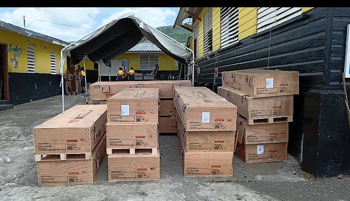 Tents waiting to be erected on the school’s playing field to accommodate face-to-face classes as repair work continues on the hurricane-damaged institution.