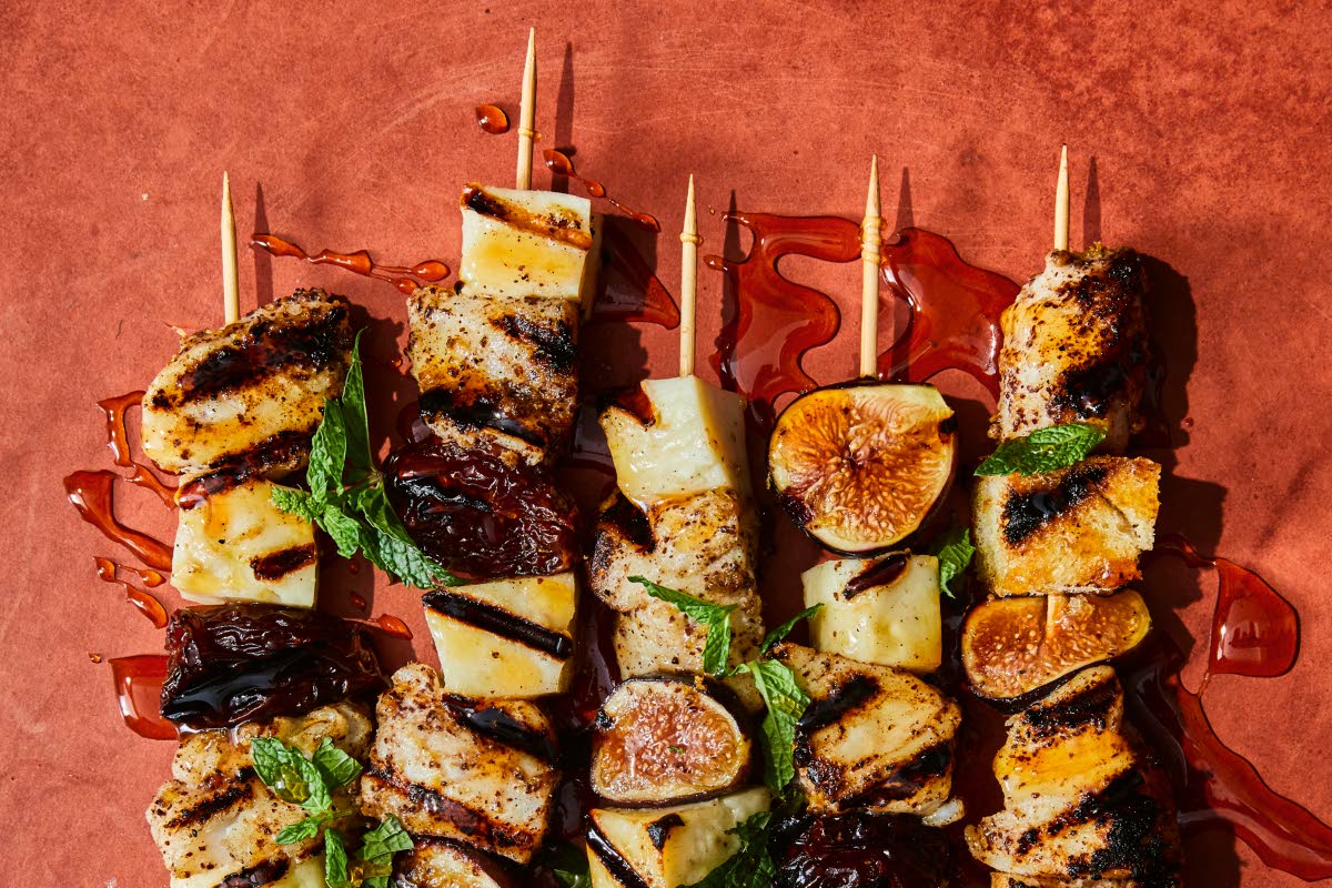 Halibut and halloumi skewers with dates and figs, from the cookbook ‘Greek Out’, by Maria Koutsogiannis. 