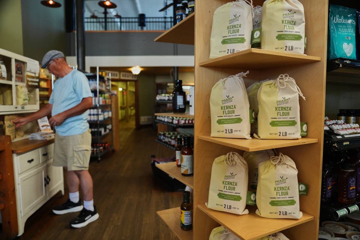 Bags of Kernza flour sit on display, July 27, 2026, at Prairy in Newton, Kansas.