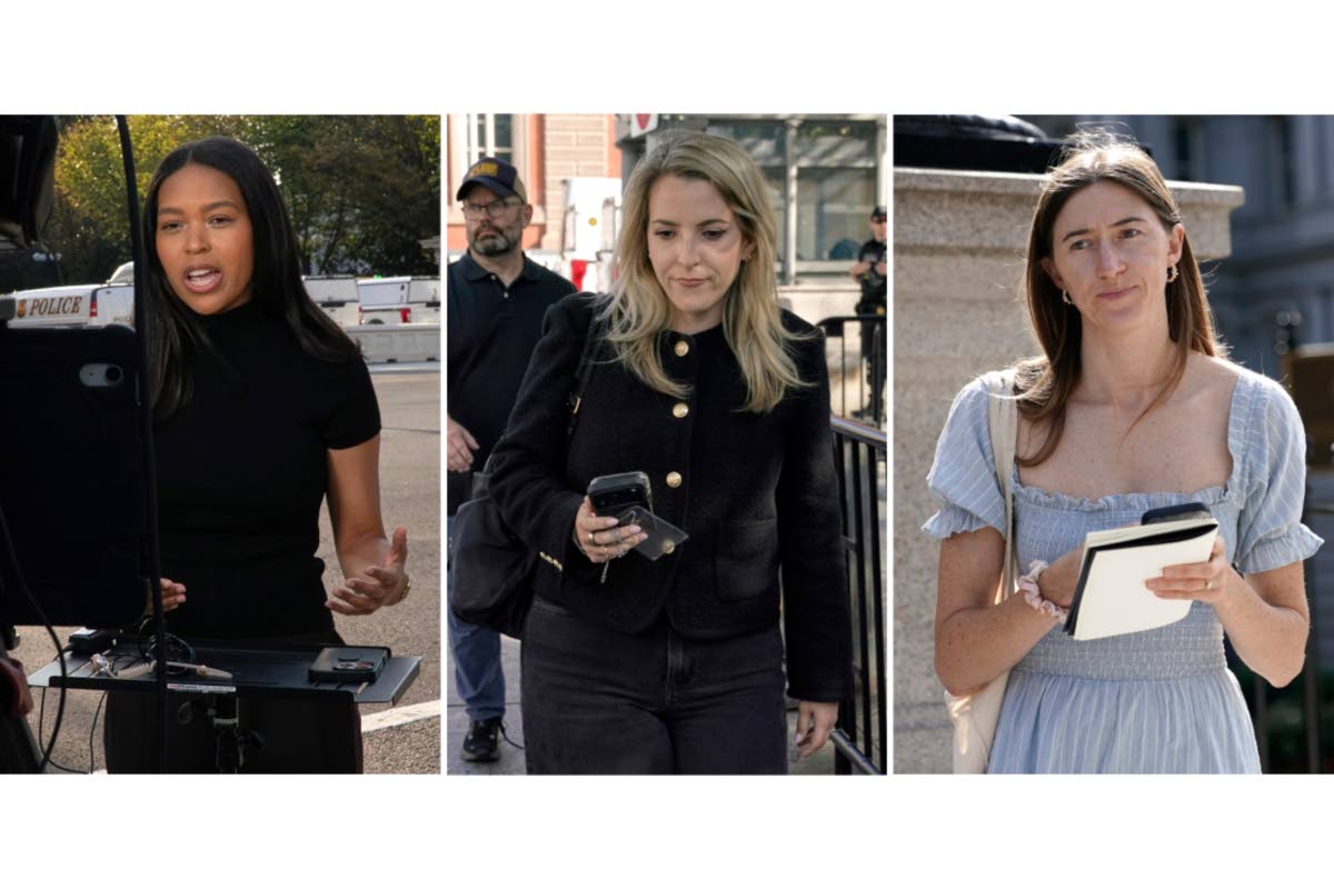This combination of photos shows (from left) MS NOW White House reporter Akayla Gardne, CNN Senior White House Reporter Betsy Klein and Politico White House reporter Cheyenne Haslett near the White House complex in Washington after all were denied entry to