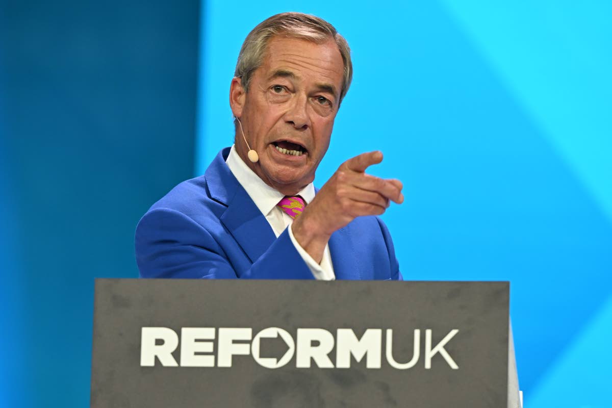 Reform Party Leader Nigel Farage points as he speaks during the Reform party’s annual conference at the National Exhibition Centre in Birmingham, England, Friday, September 4, 2026. 