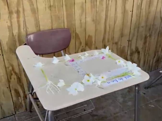 Flowers and messages laid on the desk of 11-year-old Jaydon Whyte at Denham Town High School in Kingston following his death in a fire in a house in the community on October 6, 2026. 
