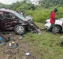 The badly damaged vehicle it which the JTA president-elect was travelling at the scene of the crash in Trelawny. 
