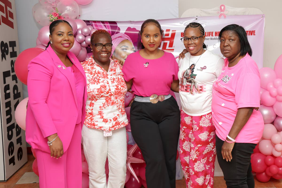 From left: Roshane Reid-Koomson, executive director of the Jamaica Cancer Society, with breast cancer survivors Hygena Reid, Kaydia McKoy, Latoya Jones and Jean Archer, who shared their personal journeys at H&L Agro’s launch of its Breast Cancer Awarenes