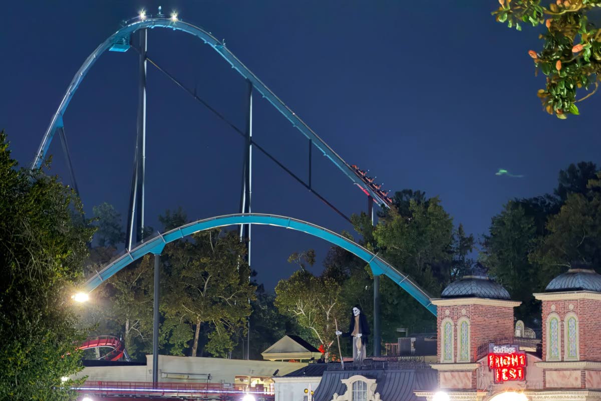 A roller coaster is shown at Six Flags over Georgia on Monday, Oct. 12, 2026 in Austell, Ga. (AP Photo/Emilie Megnien)