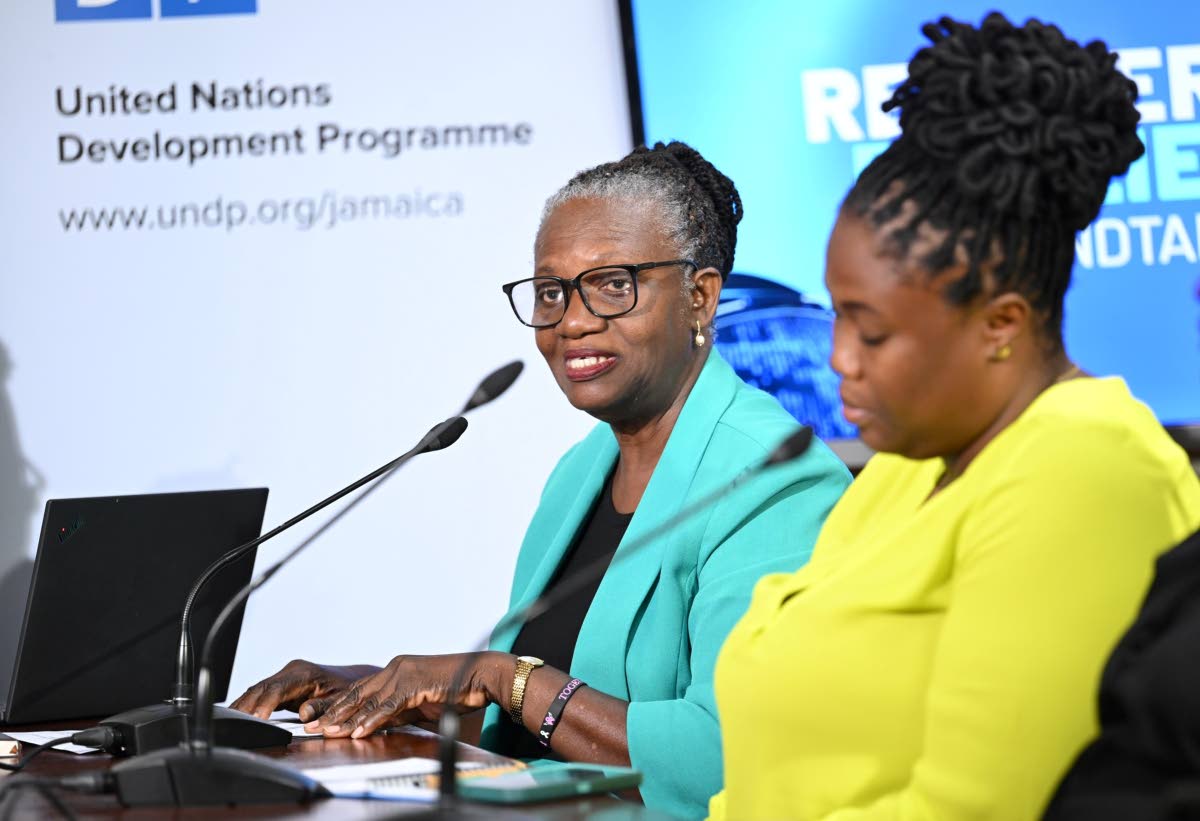 Deputy Director General for Sustainable Development and Social Planning at the Planning Institute of Jamaica (PIOJ), Claire Bernard (left), addresses the ‘Recovery to Resilience Round Table’ held on Tuesday at the United Nations Development Programme (