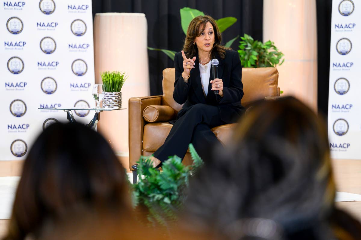 AP 
Former Vice President Kamala Harris speaks during a fireside chat on Tuesday, Sept. 22, 2026 at Fellowship Church in Detroit. 