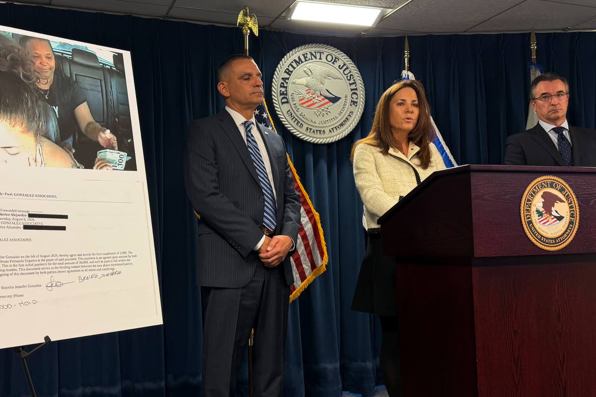 Boston, U.S. Attorney Leah Foley is joined by John Soars, assistant special agent in charge Homeland Security Investigations in New England and Shawn Saucier, Northeast Regional Chief, U.S. Citizenship and Immigration Services, to announce the arrest of si