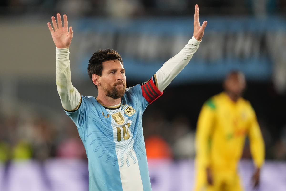 Argentina’s Lionel Messi celebrates after scoring his side’s third goal from the penalty spot during his final match for the national team, a football friendly against Benin, in Buenos Aires, Argentina, Tuesday, October 6.
