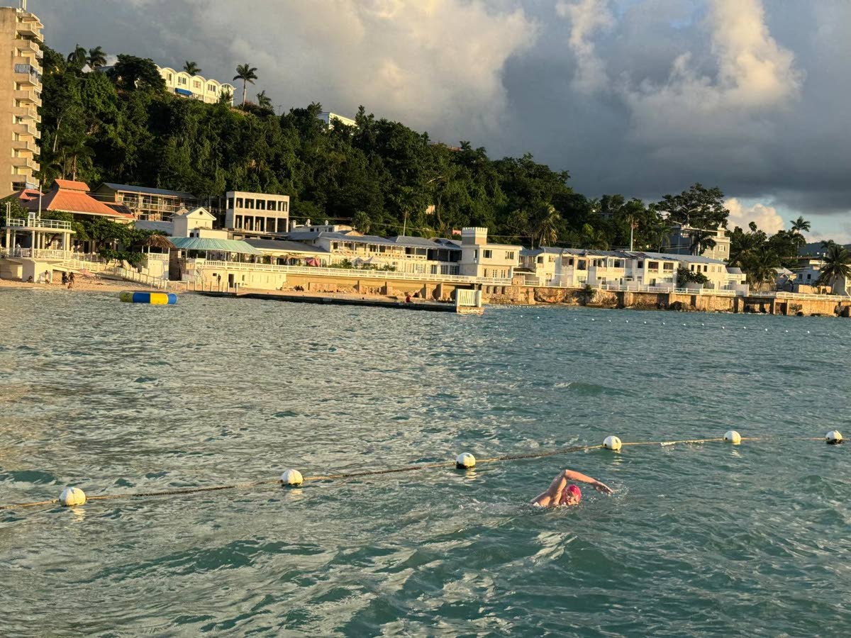 Eva Buzo undertaking the last portion of her 30-kilometre swim along the Montego Bay coastline.