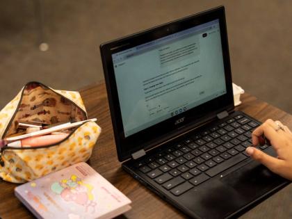 A student types a prompt into ChatGPT on a Chromebook during class on August 27, 2025.
