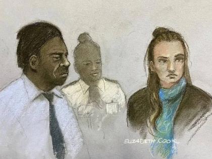 This court artist sketch by Elizabeth Cook shows Mark Gordon and Constance Marten appearing at the Old Bailey in London, Monday September 15, 2025, where they’ve been sentenced to 14 years in prison for killing their newborn daughter while on the run fro