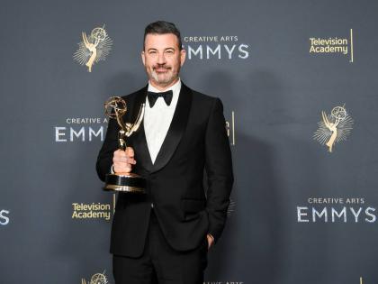 Jimmy Kimmel poses in the press room with the award for host for a game show for "Who Wants to Be a Millionaire" during night two of the Creative Arts Emmy Awards on Sunday, September 7, 2025, at the Peacock Theater in Los Angeles. (Photo by Richard Shotwe