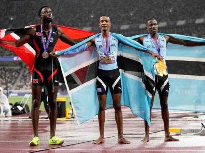 Trinidad and Tobago’s Jereem Richards (left), silver medallist in the men’s 400 metres at the 2025 World Athletics Championships with gold medallist Busang Kebinatshipi of Botswana and bronze medallist Bayapo Ndori, also of Botswana.