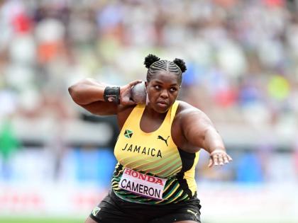 Lloydricia Cameron competing in the women's shot put at the Tokyo World Athletics Championships.
