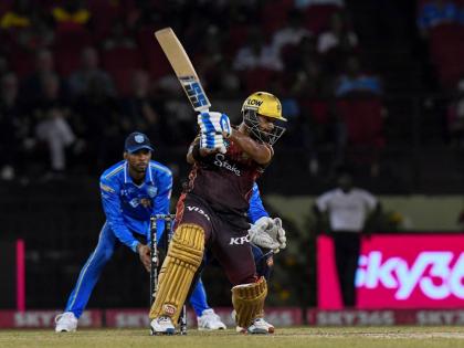 Courtesy of CPL 
Trinbago Knight Riders batsman Nicholas Pooran plays a cut shot on his way to an even 50 during the final Republic Bank Caribbean Premier League eliminator cricket match against the St Lucia Kings at the Providence Stadium in Guyana on Fri