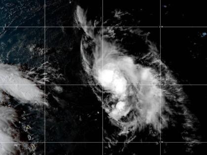 This satellite image provided by NOAA taken Wednesday, September 24, 2025, at 4:10 p.m. EDT, shows Humberto in the Atlantic Ocean, off the southeast coast of the United States. (NOAA via AP)