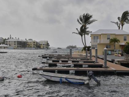 Trees blow in the wind on a pier ahead of Hurricane Imelda's expected arrival in Hamilton, Bermuda, Wednesday, October 1, 2025. (AP Photo/Anthony Wade)