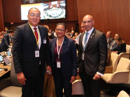 Minister of health and wellness, Dr.  Christopher Tufton; chief medical officer of health, Dr. Jacquilin Bisasor-Mckenzie; and Jamaica’s ambassador to the United States, Major General (Rtd) Antony Anderson, sharing a light moment at the 62nd Directing Co
