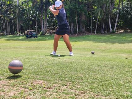 Mehan Samms of Team 14 plays a tee shot during the September 12-13 Sandals Travel Advisors Golf Tournament at the Sandals Upton Golf and Country Club in St Mary. 